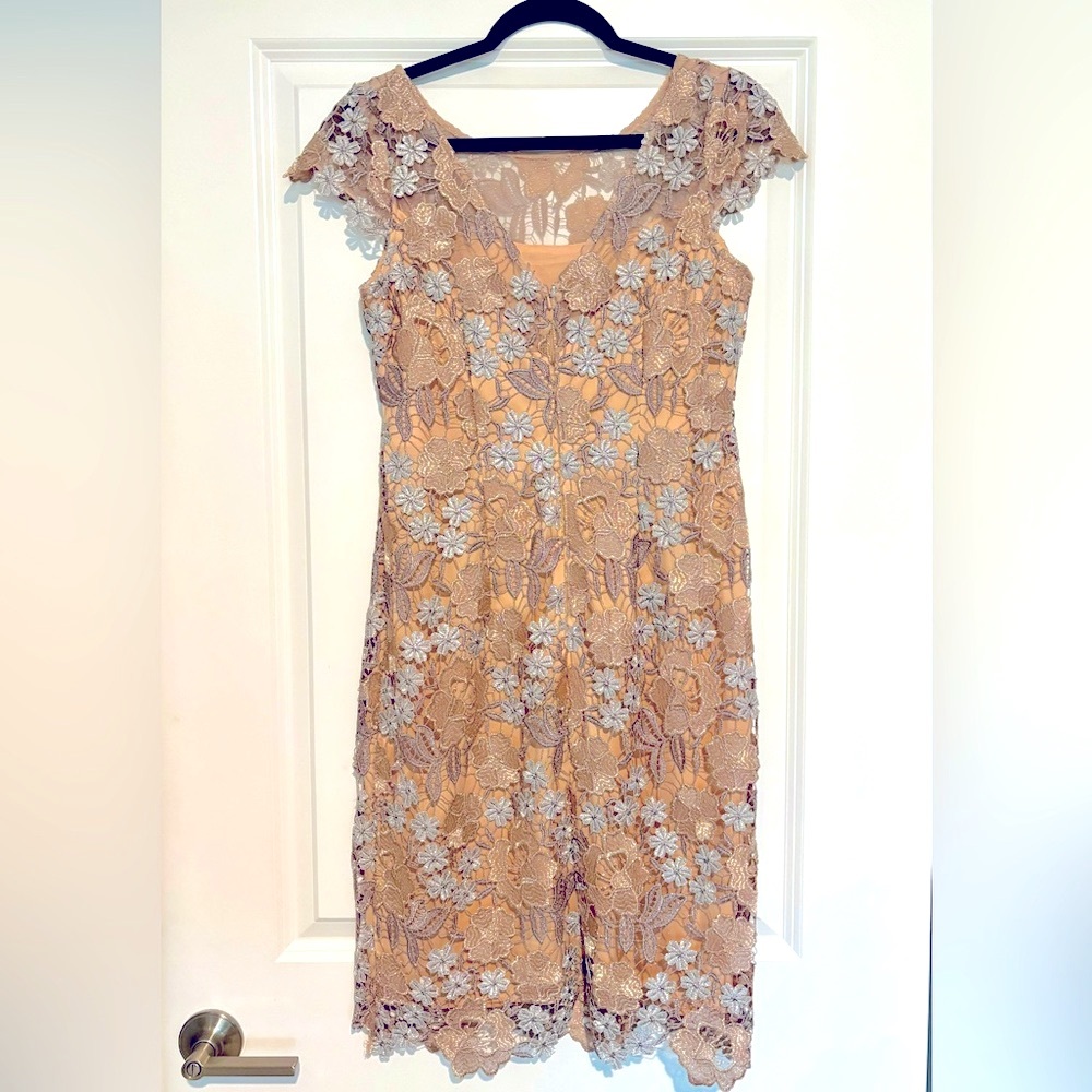 Xscape Rose & Gold Sheath Midi Dress with Flutter Cap Sleeves